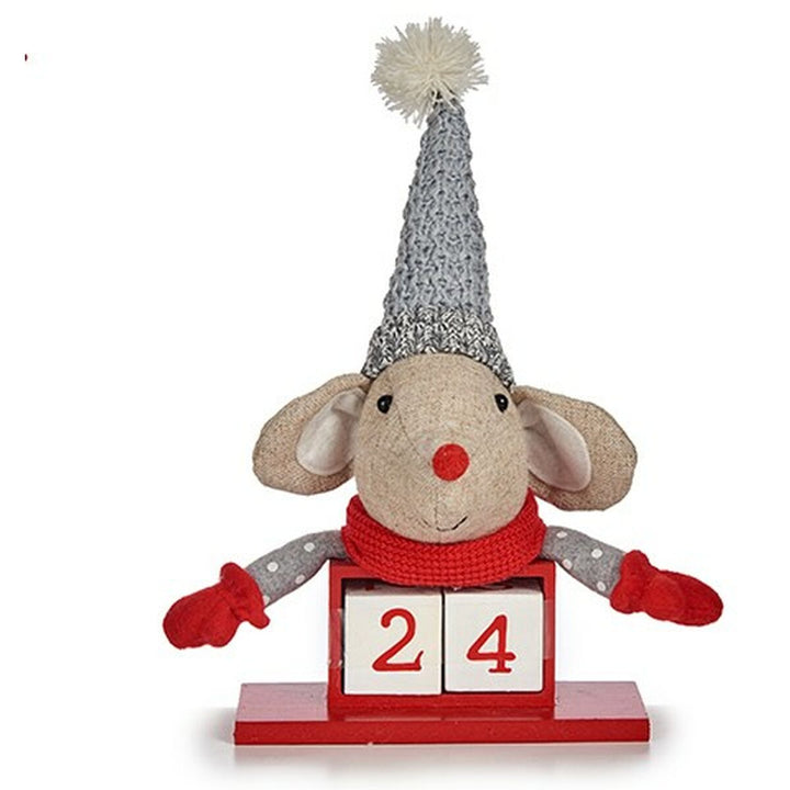 Deko-Figur Maus mit Kalender. Rot, Grau und Weiß. Kalender zeigt die Zahl 24.