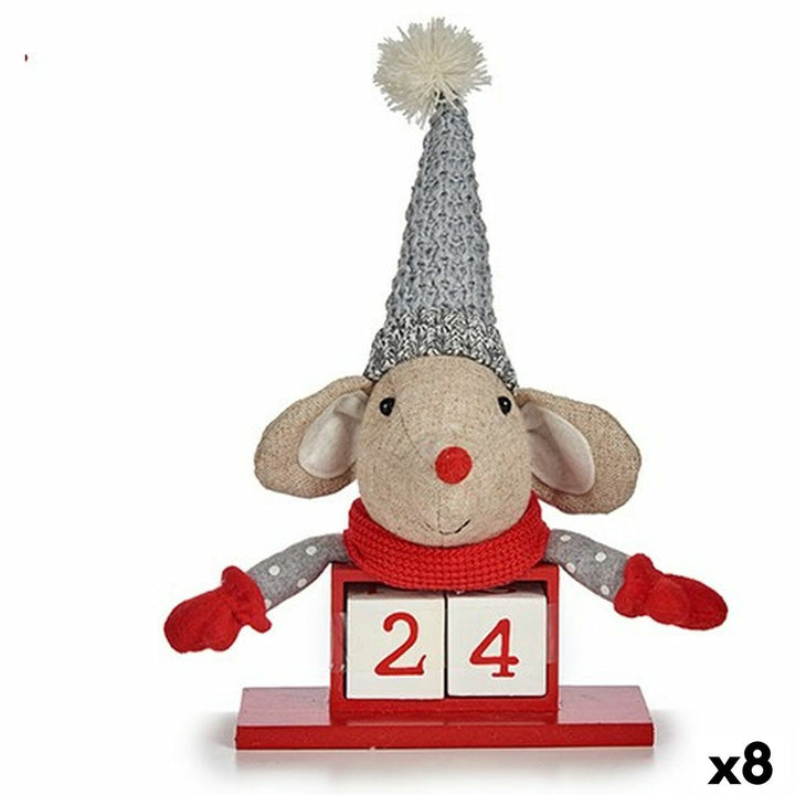 Rote, graue Deko-Figur Mouse mit Kalender. Niedliche Weihnachtsdekoration.