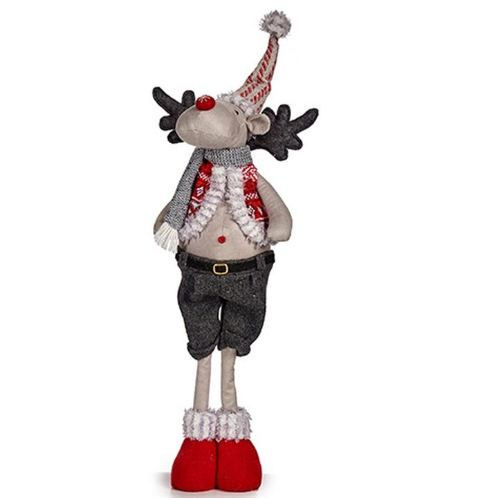 Weihnachts-Rentier Deko-Figur mit roten Stiefeln, grau Hosen und Schal, 65 cm hoch.