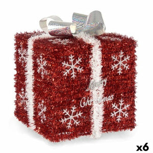 Rote Geschenkbox mit Schneeflockenmuster und silberner Schleife. Polypropylen und PET.