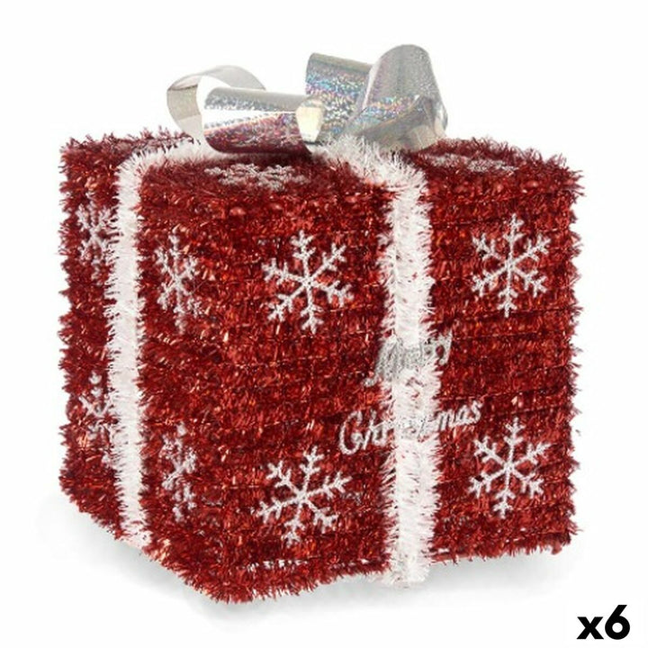 Rote Geschenkbox mit Schneeflockenmuster und silberner Schleife. Polypropylen und PET.