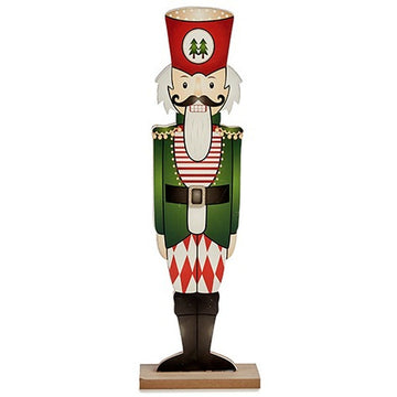 Dekorative Nussknacker Figur aus Holz. Weiß, Schwarz, Rot und Grün mit Hut und Rautenmuster.