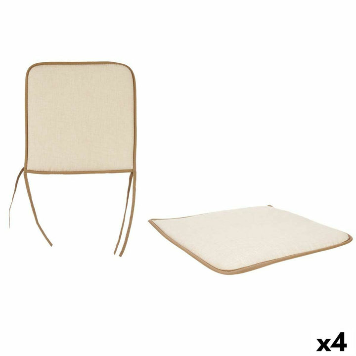 Beige Stuhl-Kissen mit braunem Rand und Bindebändern, 4 Stück für bequemes Sitzen.