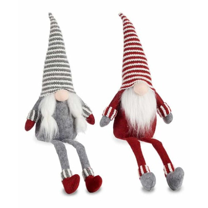Deko-Figur Zwerg in Rot und Grau mit gestreiften Mützen und weißen Bart für festliche Dekoration.