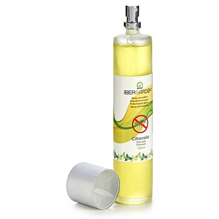 Ibergarden Duftspray Zitronella 100 ml. Gelbes Spray in transparenter Flasche mit silberner Düse.