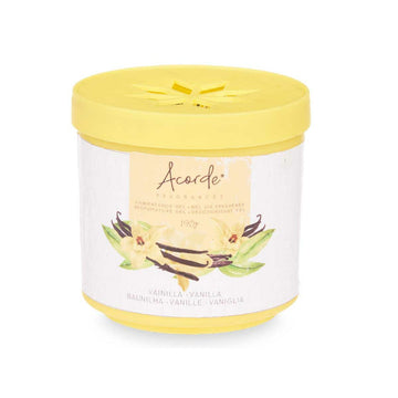 Gel Lufterfrischer Vanille von Acorde, gelber Behälter mit Vanilleblüten und -bohnen.