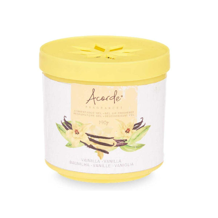 Gel Lufterfrischer Vanille von Acorde, gelber Behälter mit Vanilleblüten und -bohnen.