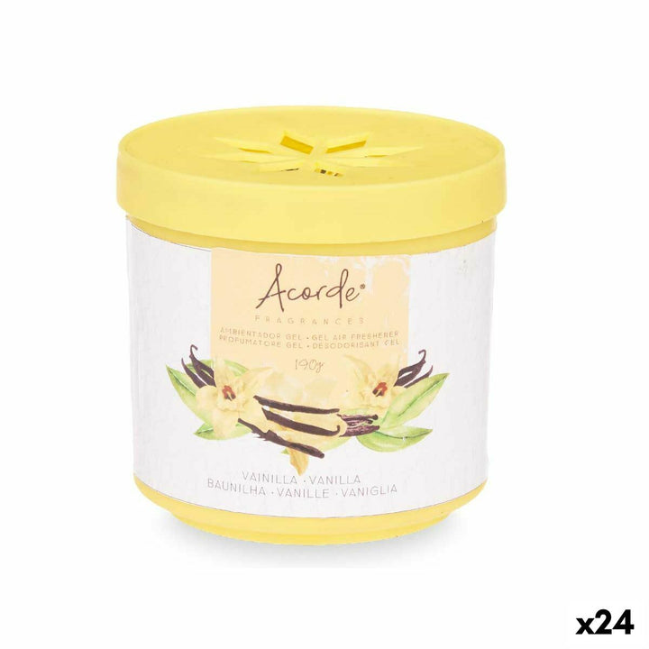Gel Lufterfrischer Vanille von Acorde mit gelbem Deckel und Vanilleblüten-Motiv.