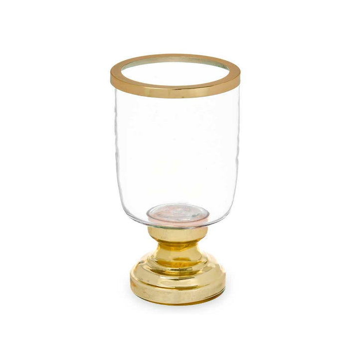 Goldene Stahl Kerzenschale mit klarem Glas. Elegantes Deko für Kerzen.