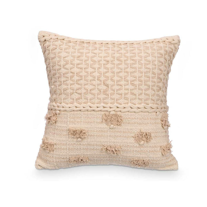 Beige Kissen mit Quasten und Webmuster. Dekokissen in Naturfarben.