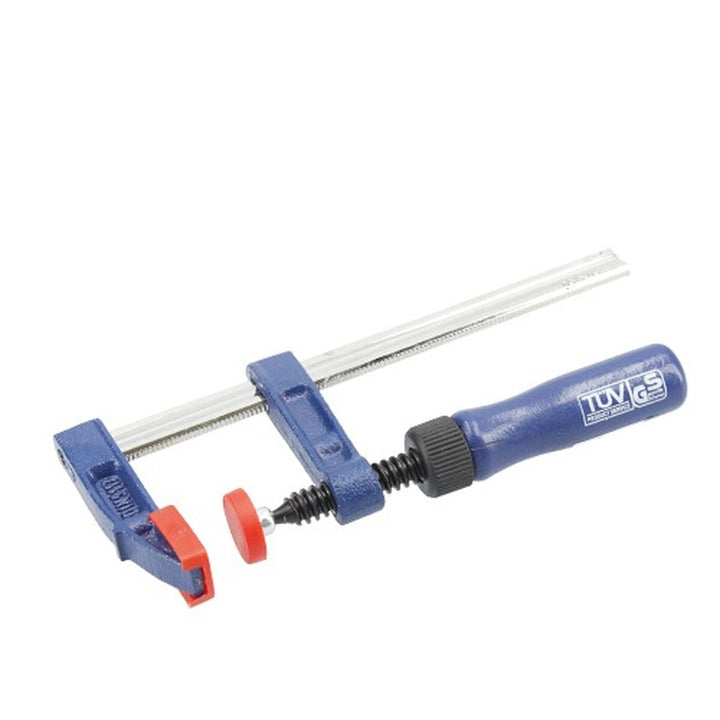 Blaue Ferrestock Schraubzwinge 150 x 50 mm mit roter Polsterung und silberner Stange.