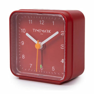 Roter Timemark Wecker mit klarem Zifferblatt und weißen Zeigern. Quadratischer Alarm.