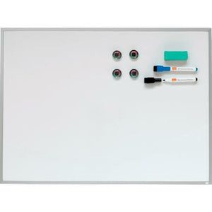 Weiße Nobo Magnettafel mit Aluminiumrahmen, inklusive Magnete und Stifte.