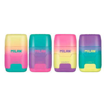 Buntes Milan Compact Sunset Set: Radiergummi und Bleistiftspitzer in verschiedenen Farben.