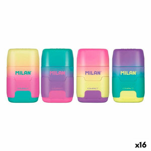 Buntes Milan Compact Sunset Radiergummi- und Spitzer-Set (16 Stück) mit zweifarbigen Designs.