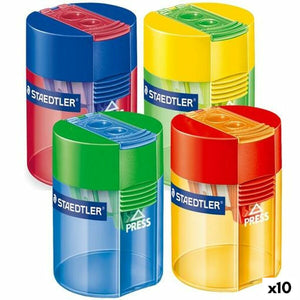 Bunte Staedtler Spitzer mit Reservoir, 10er Pack. Kunststoff Spitzer in verschiedenen Farben.