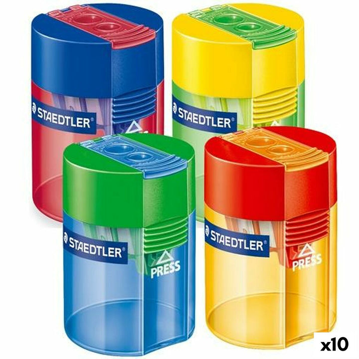 Bunte Staedtler Spitzer mit Reservoir, 10er Pack. Kunststoff Spitzer in verschiedenen Farben.