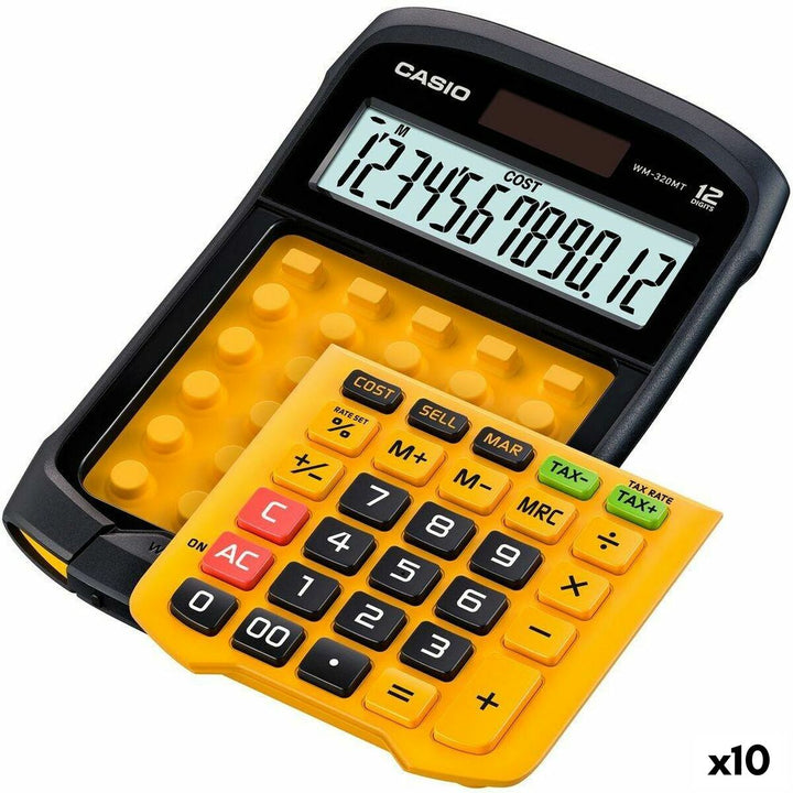 Gelber und schwarzer Casio WM-320MT Taschenrechner mit großem Display und bunten Funktionstasten.