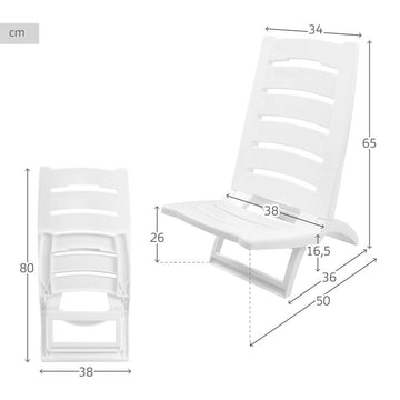 Weißer Campingstuhl mit Maßangaben. Gepolsterter Stuhl für Outdoor-Aktivitäten.