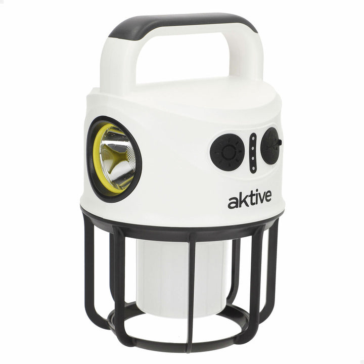 Weiße Aktive Laterne mit Spotlight und schwarzem Schutzkäfig für Camping und Outdoor-Aktivitäten.