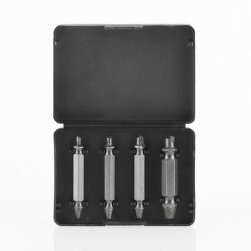 Set mit 4 Schraubenausdrehern für defekte Schrauben im schwarzen Gehäuse.