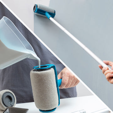 InnovaGoods Roll'n'paint Farbroller mit blauem Griff und weißer Stange beim Wand streichen.