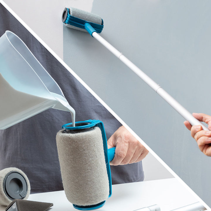 InnovaGoods Roll'n'paint Farbroller mit blauem Griff und weißer Stange beim Wand streichen.