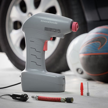 Grauer, tragbarer Luftkompressor Airpro+ mit LED und Zubehör für Reifen und Bälle.