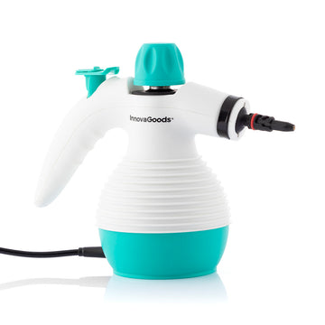 Weißer und türkisfarbener Handdampfreiniger von InnovaGoods mit Düse und Griff.