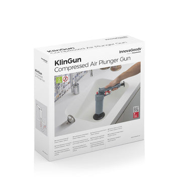 Verpackung der KlinGun Pressluftpistole. Abflussreinigung mit Adaptern wird im Waschbecken gezeigt.