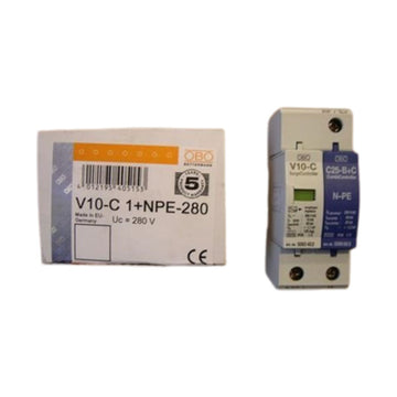OBO V10 Überspannungsschutz mit Verpackung. Hauptmerkmale: 280V und blaue Akzente.