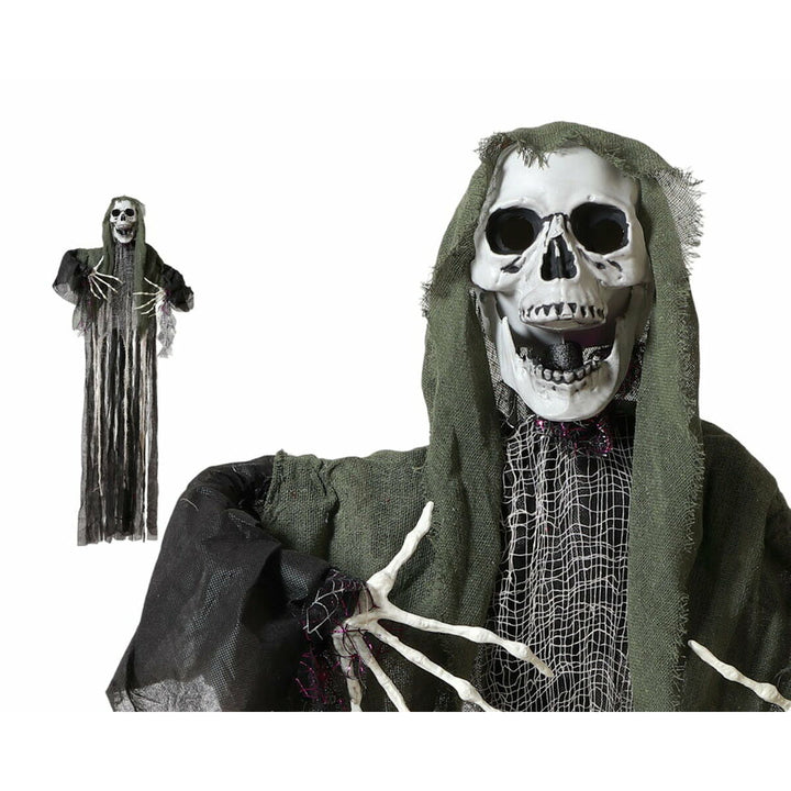 Hängendes Skelett mit grünem Umhang und Knochenhänden. Halloween Deko!