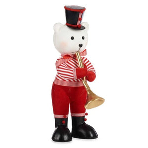 Bunte Deko-Figur: Bär mit Trompete. Niedlicher Bär mit gestreiftem Hemd und Trompete.