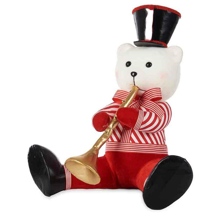 Bunte Deko-Figur: Bär mit Trompete und Zylinder. Polystyrol Figur für festliche Stimmung.