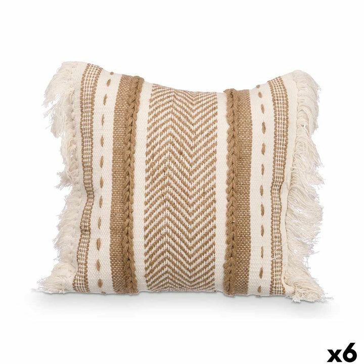 Braun-natürliches Kissen mit Fransen. Dekoratives Kissen mit Streifenmuster im Bohème-Stil.