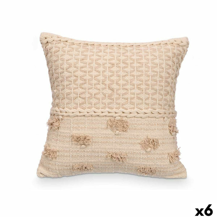 Beige Kissen mit Webmuster und Quasten, 45x45 cm. Dekokissen für Sofa oder Bett.